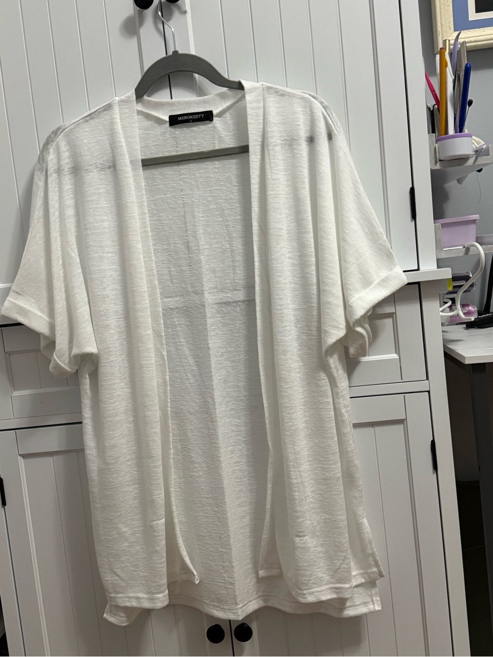 MerokeetyWhite Open-Front Short Sleeve Cardigan
